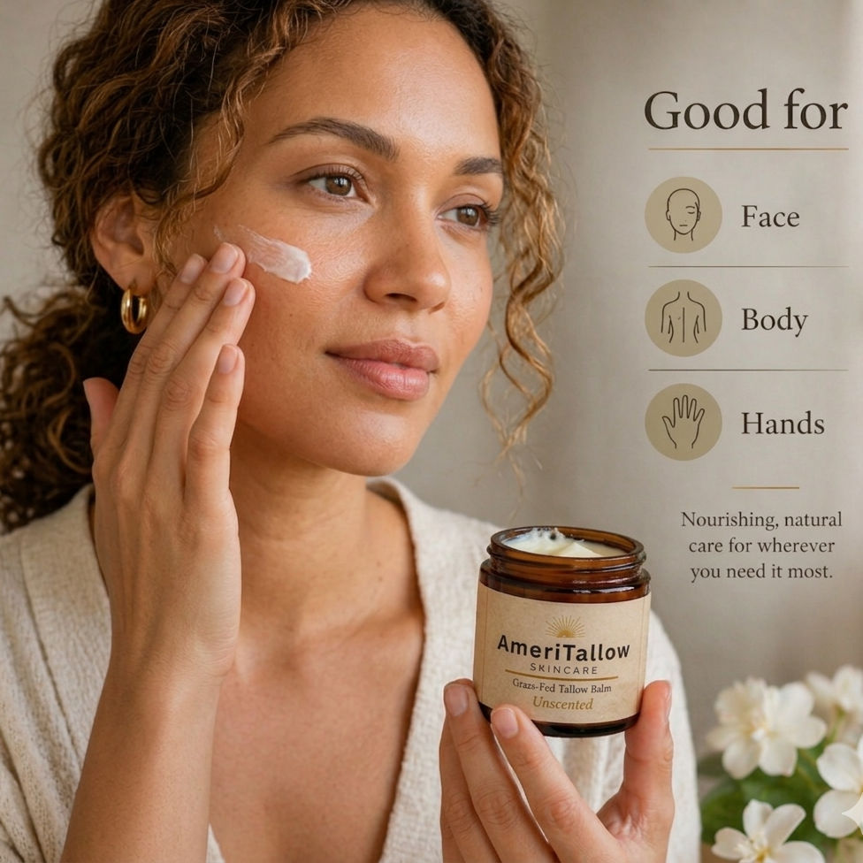 Woman applying cream to her face with a jar of AmeriTallow product in front of her.