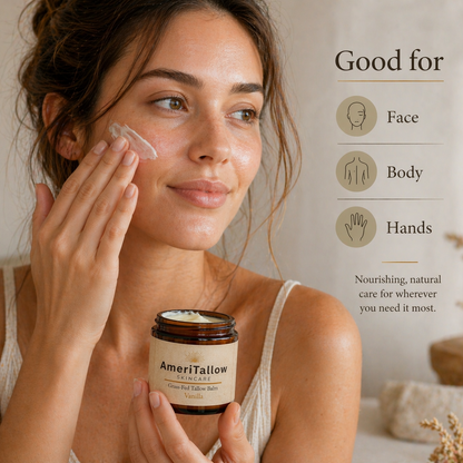 Woman applying cream to her face with a jar of AmeriTallow skincare product.