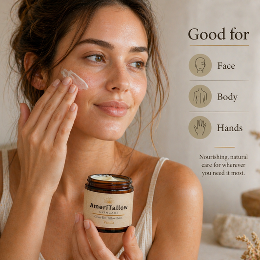 Woman applying cream to her face with a jar of AmeriTallow skincare product.